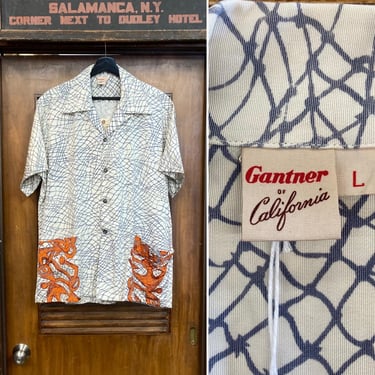 Vintage 1950’s “Gantner” Atomic Undersea Fishing Net Short Sleeve Cabana Nautical Hawaiian Shirt, Sharkskin Fabric, Size L/XL 