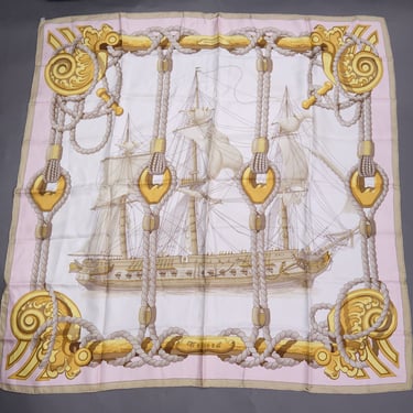 HERMES Scarf Carre 90 Tribord Sailing Boat / Pink Gold Silk Scarf 