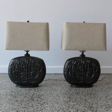 Vintage Scandinavian Attributed Rounded Leaf // Floral // Vine Ceramic Table Lamps (Pair) 