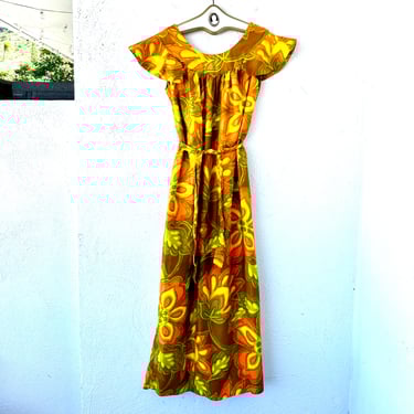 Vintage 60s 70s Hawaiian Bright Floral Dress Hawaii Muumuu 1960s 1970s Tangerine Orange Yellow Tropical Lounge Wear 