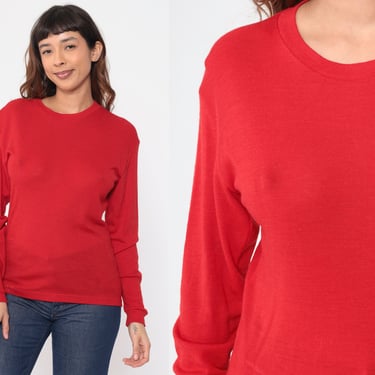 Vintage Thermal Shirt 80s Thin Red Wool Blend Undershirt Long Sleeve Shirt Plain Crewneck T Shirt Vintage Tshirt Medium 