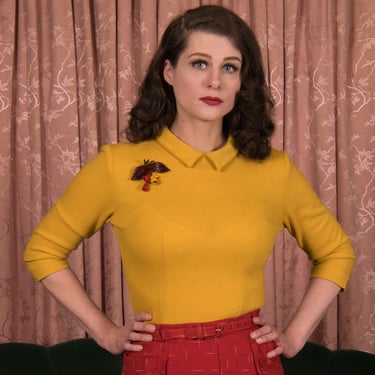 1950s Sweater - Saucy Vintage 50s Wool Jersey Fitted Blouse in Saturated Golden Yellow 