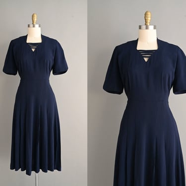 vintage 1950s Rayon Navy Blue Dress - Size Large 