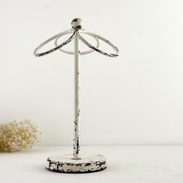Vintage Chippy White Tabletop Towel Holder Stand, Bathroom Countertop Towel Rings, Shabby Chic Decor 
