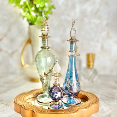 Blown Glass Perfume Bottles, Set 3, Art Glass, Gold Metallic, Long Daubers, Vanity Decor, Gift Idea 