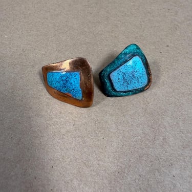 1960s Copper Blue Enamel Earrings Taxco Artisan Mexico 