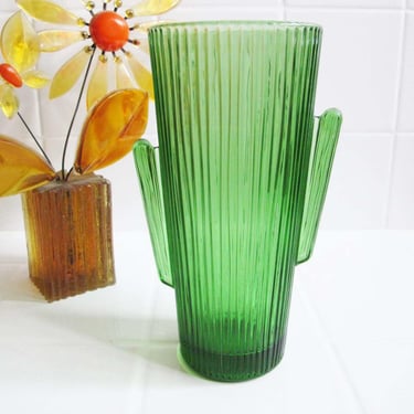 Vintage Green Cactus Desert Glass Flower Vase - Tall Ribbed Ridged Dark Green Tall Floral Container - Quirky Home Decor 