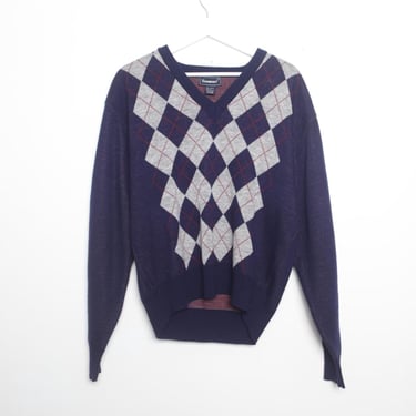 vintage ARGYLE print slouchy 70s 80s vintage grunge OXFORD prep school DROPOUT blue & grey lightweight summer nights sweater - Free shipping 