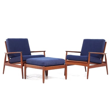 Arne Vodder Style Mid Century Danish Teak Lounge Chairs and Ottoman - Pair - mcm 