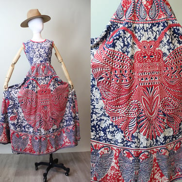1970s cotton MOTH PRINT batik maxi dress small medium | new spring 