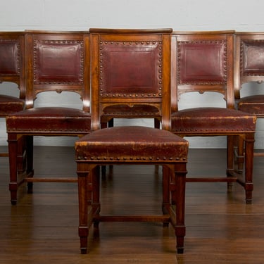 Antique French Renaissance Walnut Dining Chairs W/ Burgundy Leather - Set of 6 