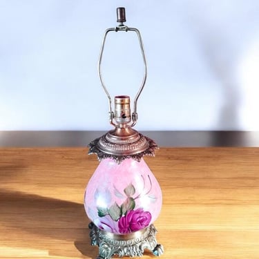 Vintage French Pink and White Porcelain Lamp  Brass Paris Porcelain and Brass Floral Lamp French Country Pink Ceramic Lamp Antique Lamp 