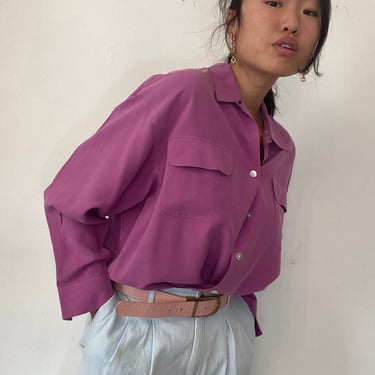 90s silk pocket shirt blouse / vintage raspberry violet pink brushed washed silk oversized blouse | Large 