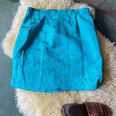 Teal Brocade Mini Skirt\/ W 25\u201d-27\u201d