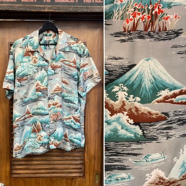 Vintage 1950’s “Penney’s” Asian Japan Design Rayon Hawaiian Shirt, 50’s Loop Collar Shirt, Vintage Clothing 