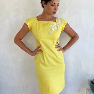Stunning Vintage 1950s Canary Yellow Tailored Mini Dress - Silk / Linen weave Madmen Sexy Wiggle Dress - Jerry Parnis 