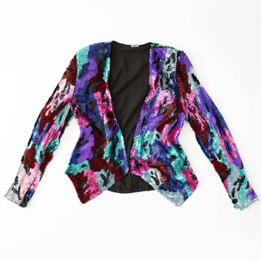 Vintage 80s full sequin abstract SILK cropped dress coat jacket Blazer S 