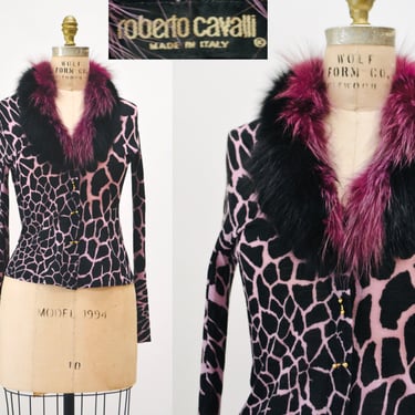 Vintage Roberto Cavalli Fox Fur Collar Cardigan Sweater Purple Black Animal Print Roberto Cavalli Sweater Top Small Medium Y2k Wool Cardigan 