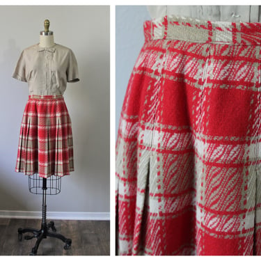 Vintage 50s 60s NOS Bobbie Brooks Red Cream Wool box Pleated Skirt vtg school girl mini // US 2 4 xs 