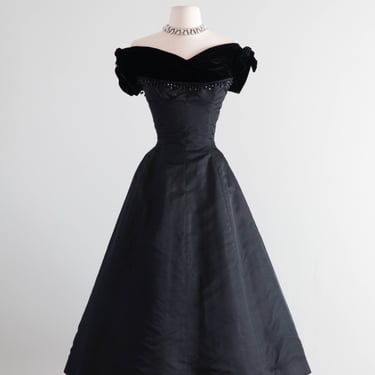 1950's Madame X Jet Black Velvet &amp; Silk Cocktail Dress With Crystals / Small