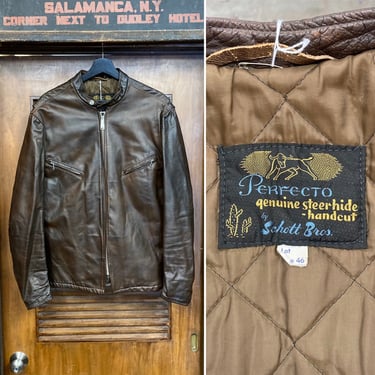 Vintage 1960’s Size L Schott Perfecto Dark Brown Cafe Racer Steerhide Leather Jacket, 60’s Vintage Clothing 