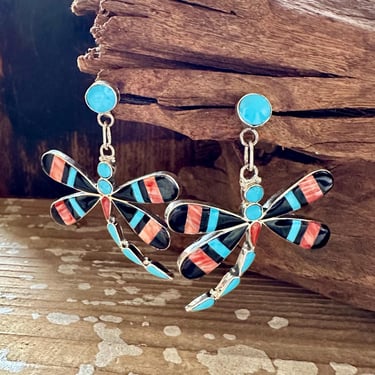 ZUNI DRAGONFLY Turquoise, Jet & Coral Inlay Silver Earrings | Statement Sterling | Navajo, Native American Southwestern Jewelry 