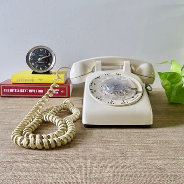 Vintage AT&T Working Rotary Desk Telephone - Beige with White Cord 