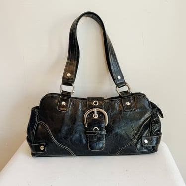 Glossy Black Belted Shoulder Bag