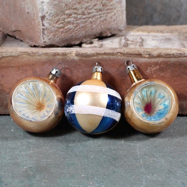 Vintage Gold & Blue Glass Ornaments | Circa 1950s/60s | Set of 3 | 1 3/4