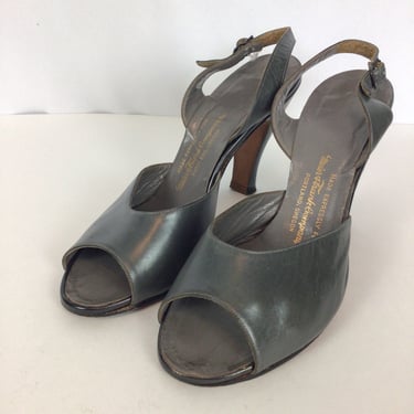 Vintage 50s shoes | Vintage grey leather peep toe shoes | 1950s Meier and Frank sling back shoes 