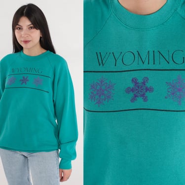 Wyoming Sweatshirt 90s Teal Green Pullover Crewneck Sweatshirt Snowflake Graphic Raglan Sleeve Ski Sweater Vintage 1990s Extra Large xl 