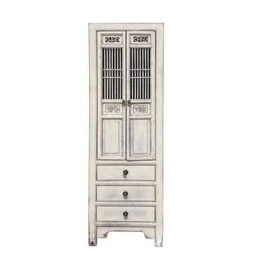 Distressed Off White Narrow Wood Carving Shutter Doors Storage Cabinet cs7482E 
