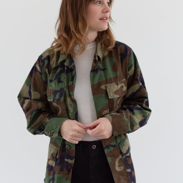 Vintage Faded Green Brown Cloud Camo OverShirt Jacket | Unisex Camouflage Cotton Button Up | S | 006 