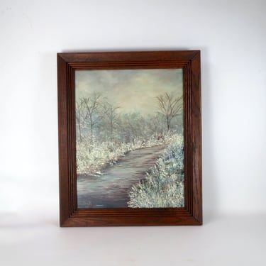 Original Winter Landscape Oil Painting on Canvas Vintage Wood Framed Serene Moody Wall Art with Trees Outdoor Nature Signed Artwork 1975 