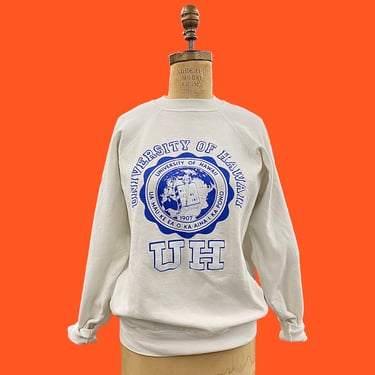 Vintage College Sweatshirt 1990s Retro Size Large + University of Hawaii + White and Blue + Unisex + L/S + Pullover + Crewneck + Collegiate 