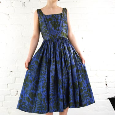 1950s Blue Silk Print Party Dress | 50s Navy Floral Print Sun Dress | Purple & Olive Green Sundress | Madeleine Fauth | Small 