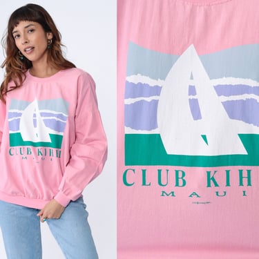 Maui Sailboat Shirt 90s Club Kihei Boat Shirt Hawaii Slouchy Pink Crewneck Graphic Crazy Shirts Pullover Nautical Cotton Vintage 1990s Large 