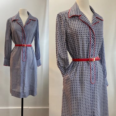 Vintage 70s Shirtwaist Dress / CHIC Shirt Dress / Basketweave Print + Red Piping / POCKETS / McMULLEN 
