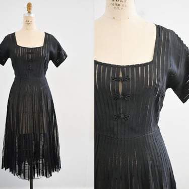 1940s Black Grosgrain Ribbon and Mesh Striped Sheer Dress 