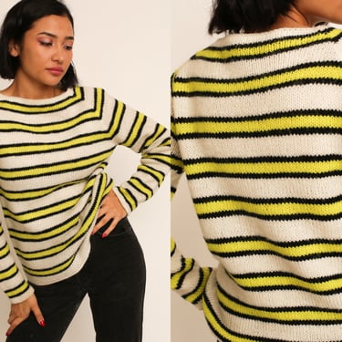 Vintage 1970s 70s Wool Hand Knit Black, Yellow and White Striped Boat Neck Long Sleeve Sweater 
