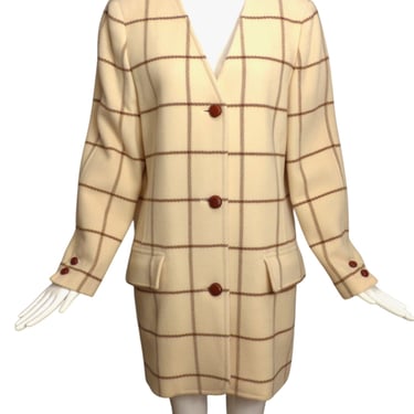 1980s Ivory Wool Windowpane Coat, Size 10