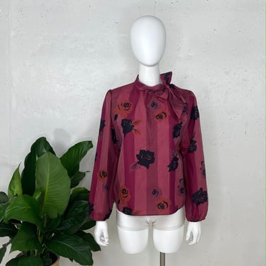 Vintage 1980s Shirley Magenta Striped Long Sleeve Blouse with Flowers 