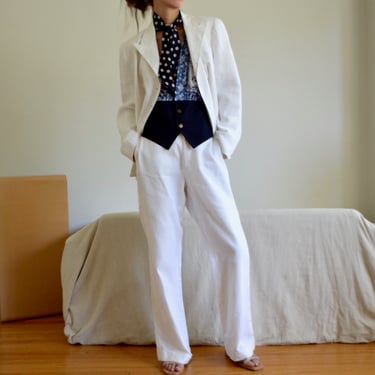 white linen ralph lauren wide leg cropped blazer pantsuit 