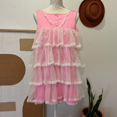 Vintage 1970s Jer Marai Pink Sheer Tiered Sleeveless Lace Trim Romper 