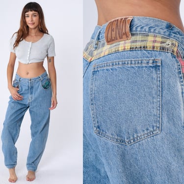 Zena Mom Jeans 90s Plaid Patch Jeans High Waisted Denim Pants Tapered Jeans 1990s Vintage Blue Stone Wash Mixed Media Large 32 x 32 