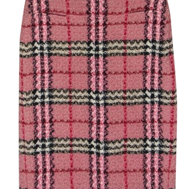 Burberry - Pink &amp; Red Tartan Print Tweed Wool Pencil Skirt Sz 4