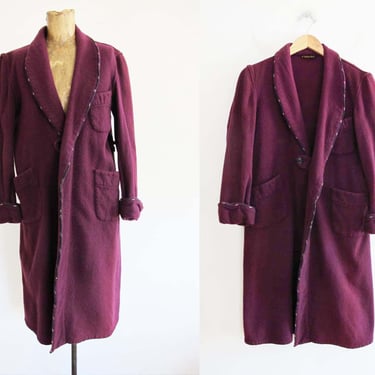 Vintage 1940s Rabhor Womens Wool Robe Eggplant Purple - Shawl Collar 40s Duster Jacket 