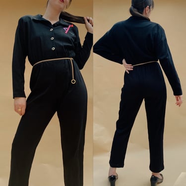 Popovitch  Black Jumpsuit Abstract Design 1980s Size 10 