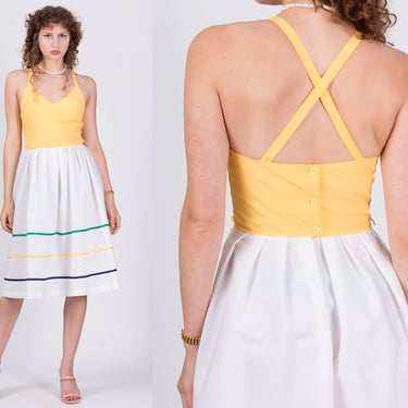 70s Yellow Cross Back Sundress - Small | Vintage Striped Trim Criss Cross Strap Fit Flare Midi Dress 