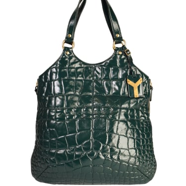 Yves Saint Laurent Vintage Dark Green Croc Embossed Patent Leather Metropolis Tribute Tote Bag